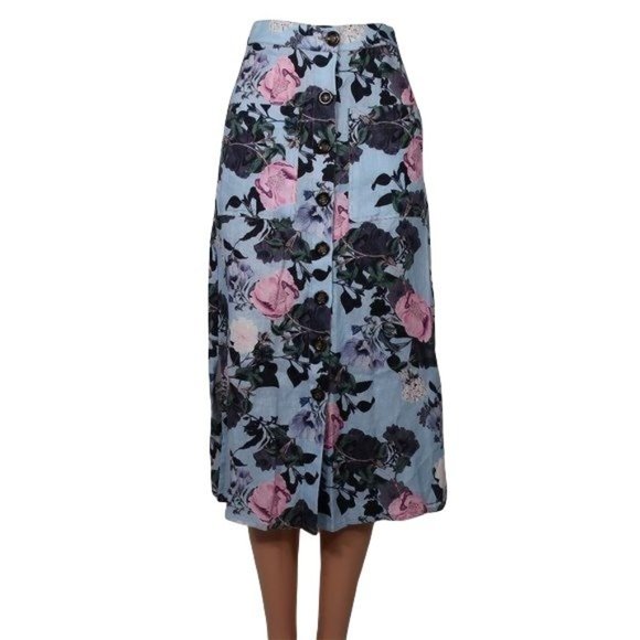 Nicholas NWT Blue Floral Button Linen Midi Skirt 0